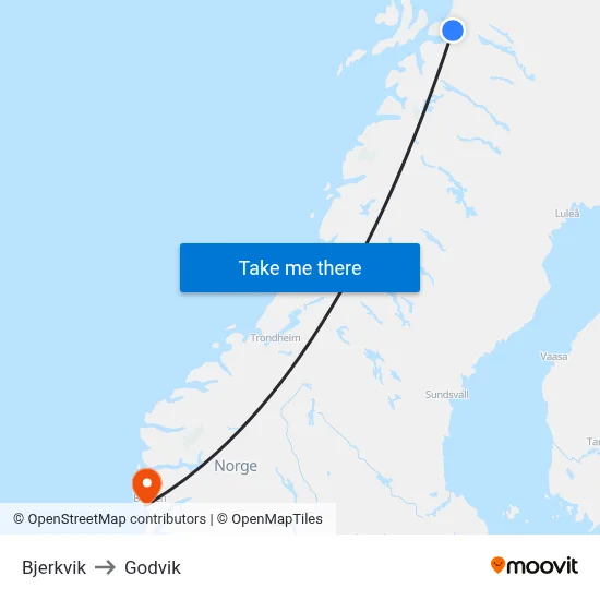 Bjerkvik to Godvik map