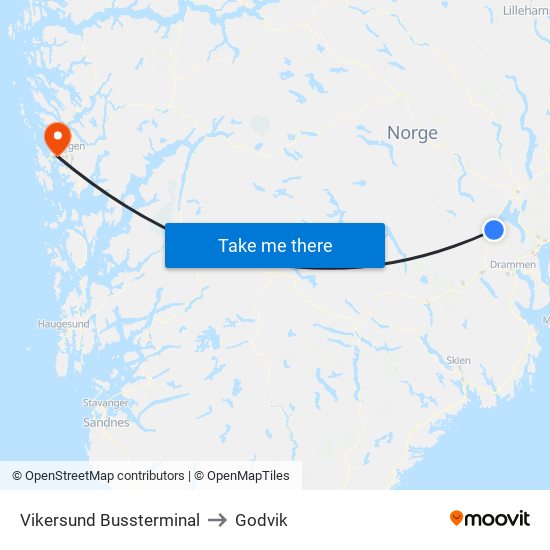 Vikersund Bussterminal to Godvik map