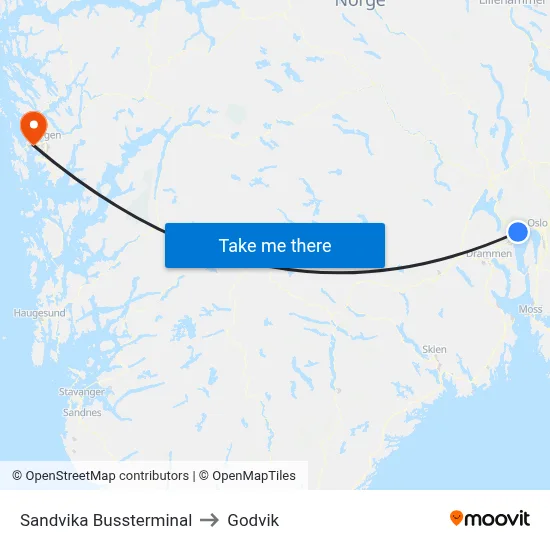 Sandvika Bussterminal to Godvik map