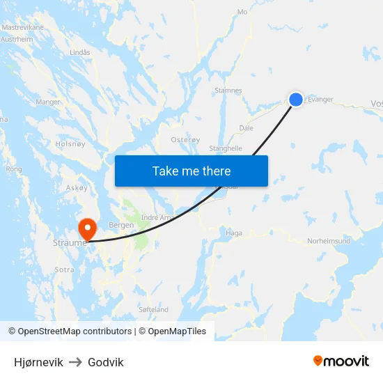 Hjørnevik to Godvik map