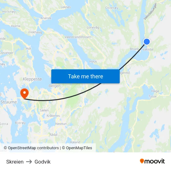 Skreien to Godvik map