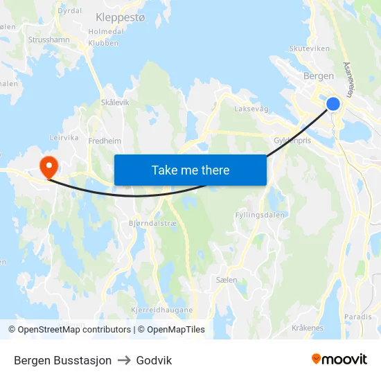 Bergen Busstasjon to Godvik map