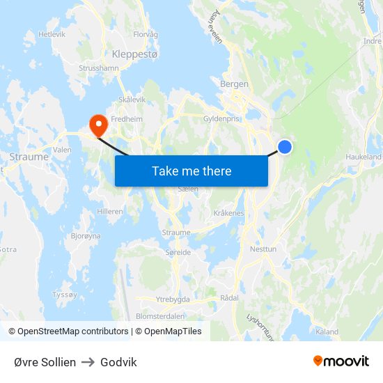 Øvre Sollien to Godvik map