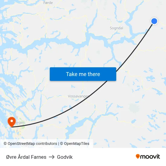 Øvre Årdal Farnes to Godvik map