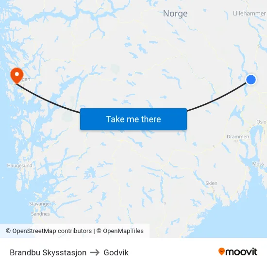 Brandbu Skysstasjon to Godvik map