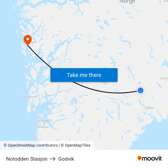 Notodden Stasjon to Godvik map