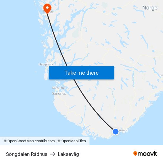Songdalen Rådhus to Laksevåg map