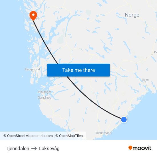 Tjenndalen to Laksevåg map