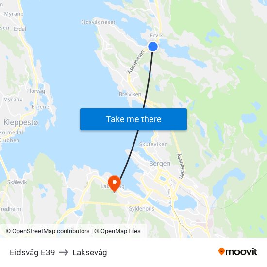 Eidsvåg E39 to Laksevåg map