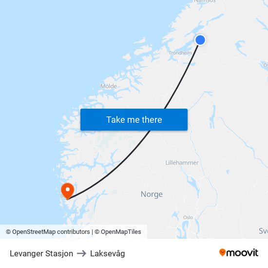 Levanger Stasjon to Laksevåg map