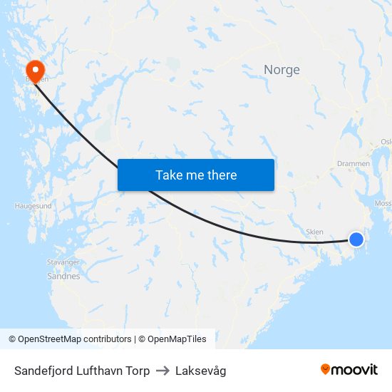 Sandefjord Lufthavn Torp to Laksevåg map