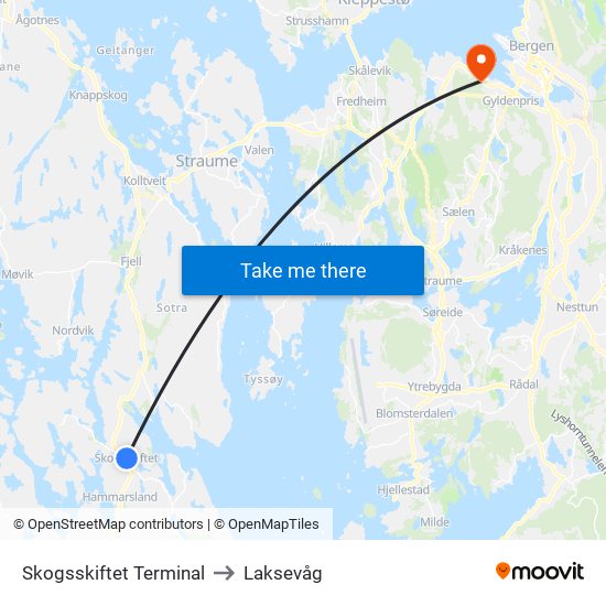 Skogsskiftet Terminal to Laksevåg map