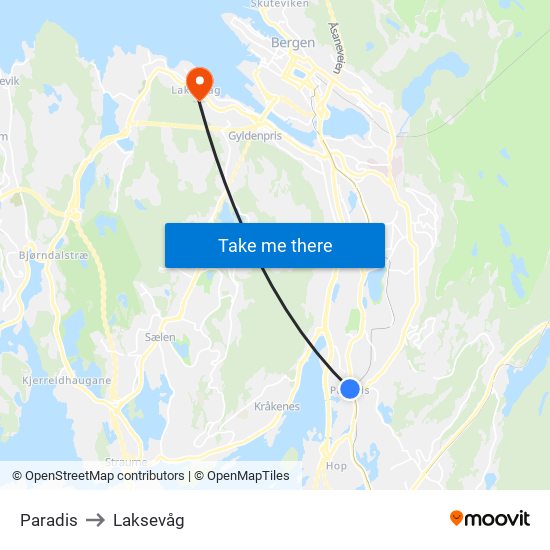 Paradis to Laksevåg map