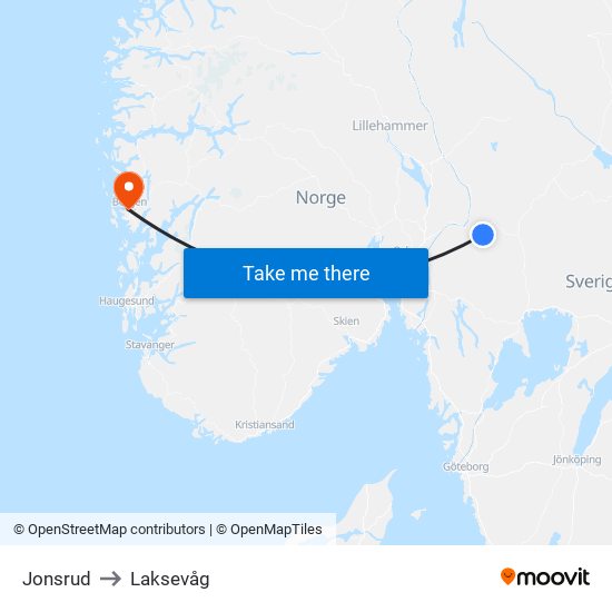 Jonsrud to Laksevåg map