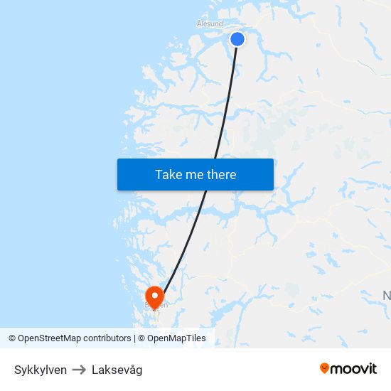 Sykkylven to Laksevåg map