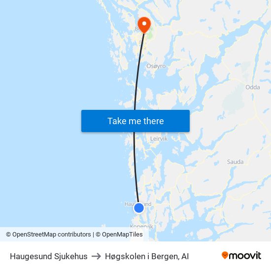 Haugesund Sjukehus to Høgskolen i Bergen, AI map