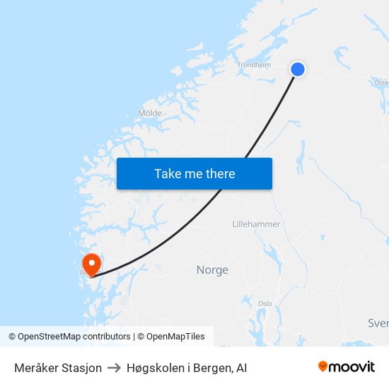 Meråker Stasjon to Høgskolen i Bergen, AI map