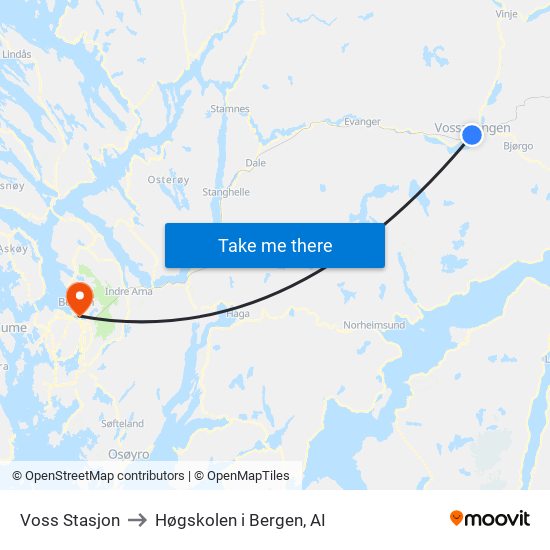 Voss Stasjon to Høgskolen i Bergen, AI map