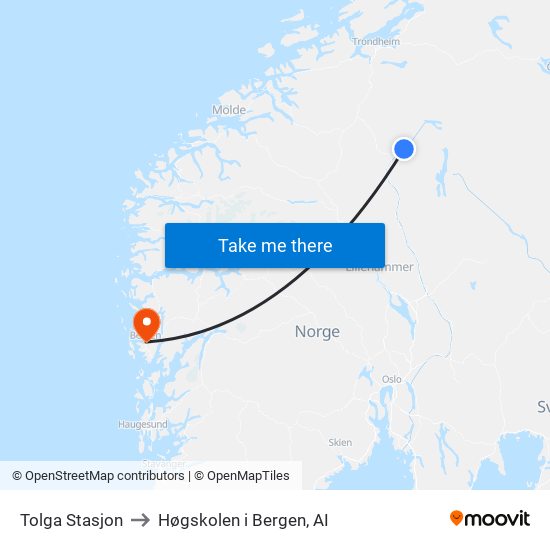 Tolga Stasjon to Høgskolen i Bergen, AI map