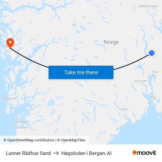 Lunner Rådhus Sand to Høgskolen i Bergen, AI map