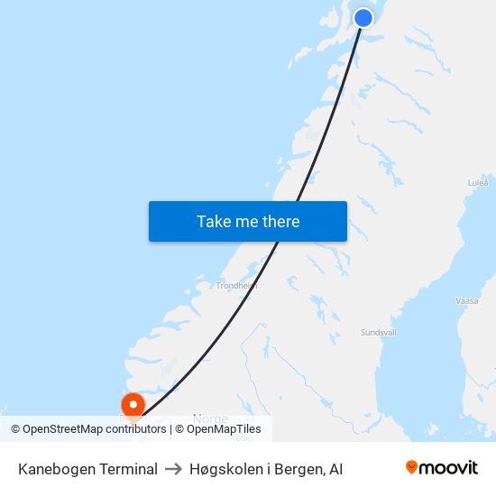 Kanebogen Terminal to Høgskolen i Bergen, AI map