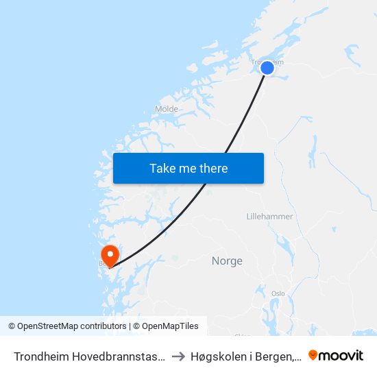 Trondheim Hovedbrannstasjon to Høgskolen i Bergen, AI map