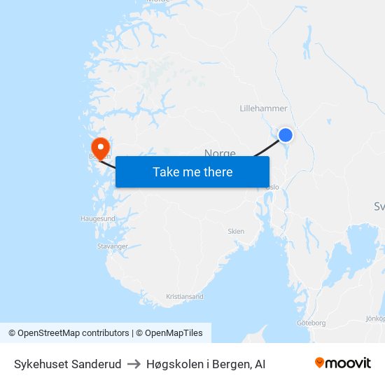 Sykehuset Sanderud to Høgskolen i Bergen, AI map