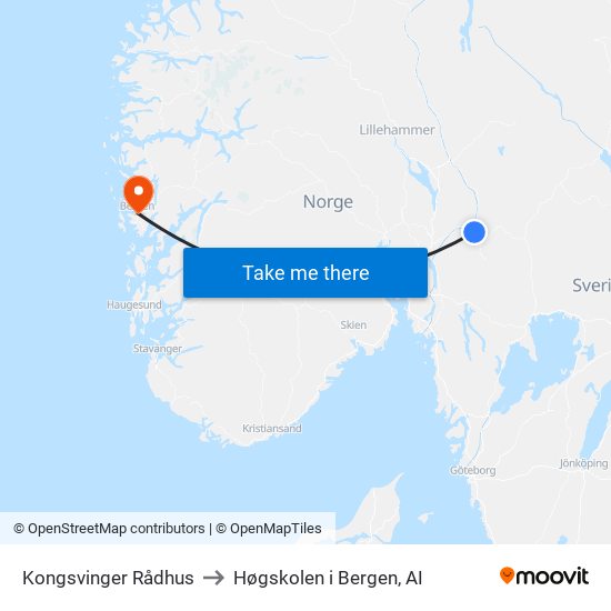Kongsvinger Rådhus to Høgskolen i Bergen, AI map