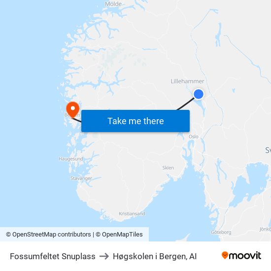 Fossumfeltet Snuplass to Høgskolen i Bergen, AI map