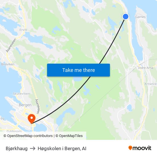 Bjørkhaug to Høgskolen i Bergen, AI map