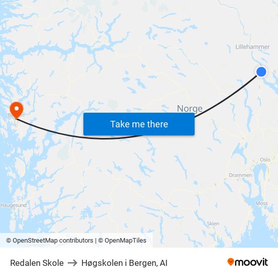 Redalen Skole Snertingdalsvegen to Høgskolen i Bergen, AI map