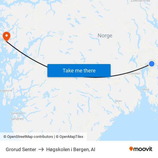 Grorud Senter to Høgskolen i Bergen, AI map
