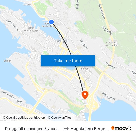 Dreggsallmenningen Flybusstopp to Høgskolen i Bergen, AI map