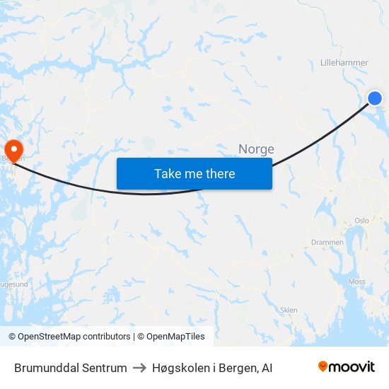 Brumunddal Sentrum to Høgskolen i Bergen, AI map