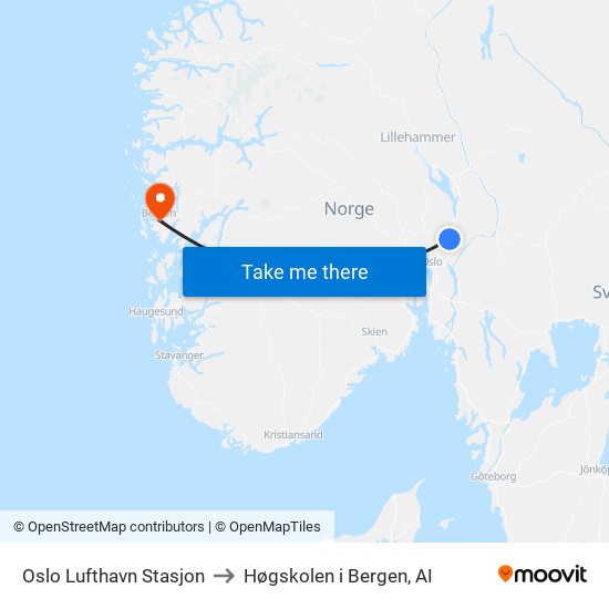 Oslo Lufthavn Stasjon to Høgskolen i Bergen, AI map