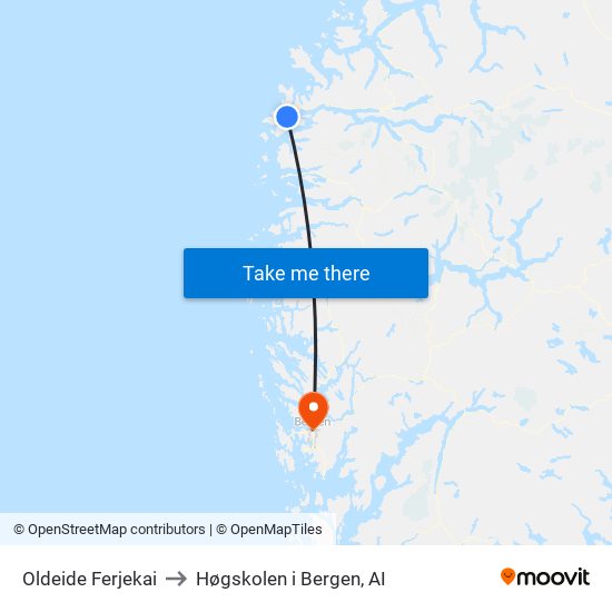 Oldeide Ferjekai to Høgskolen i Bergen, AI map