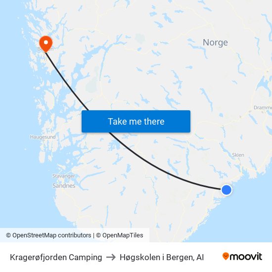 Kragerøfjorden Camping to Høgskolen i Bergen, AI map