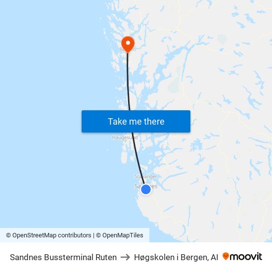 Sandnes Bussterminal Ruten to Høgskolen i Bergen, AI map