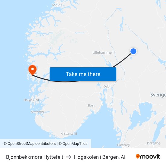 Bjønnbekkmora Hyttefelt to Høgskolen i Bergen, AI map