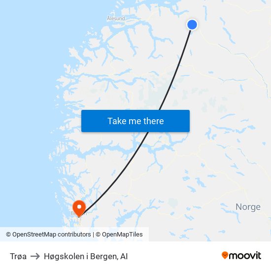 Trøa to Høgskolen i Bergen, AI map