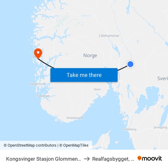 Kongsvinger Stasjon Glommengata to Realfagsbygget, UiB map