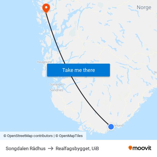 Songdalen Rådhus to Realfagsbygget, UiB map