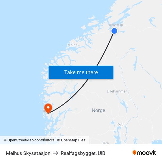 Melhus Skysstasjon to Realfagsbygget, UiB map