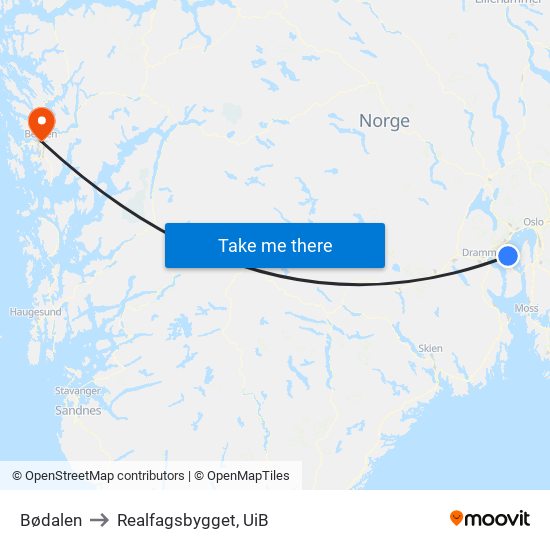 Bødalen to Realfagsbygget, UiB map