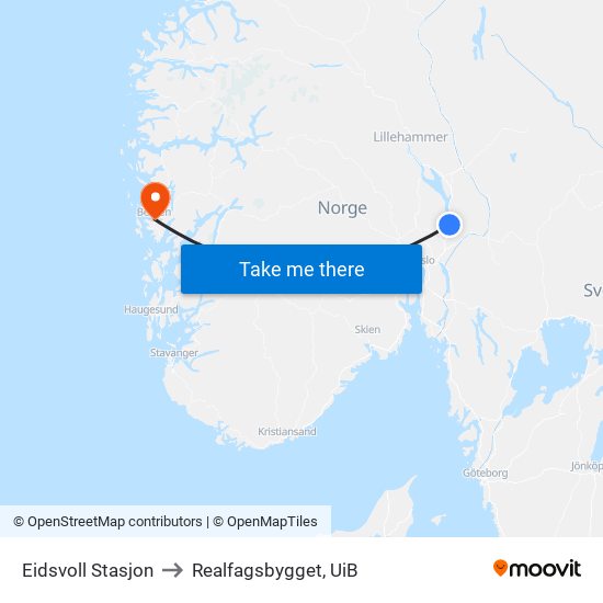 Eidsvoll Stasjon to Realfagsbygget, UiB map