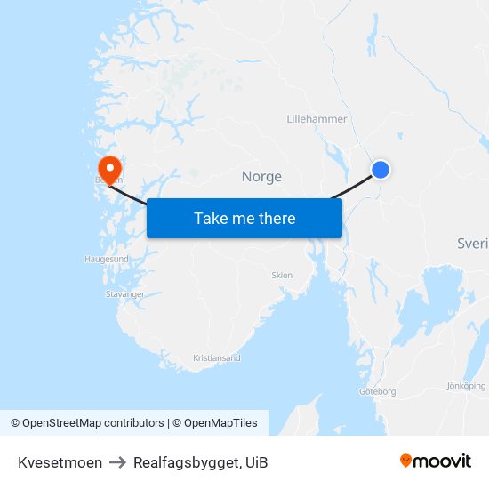 Kvesetmoen to Realfagsbygget, UiB map