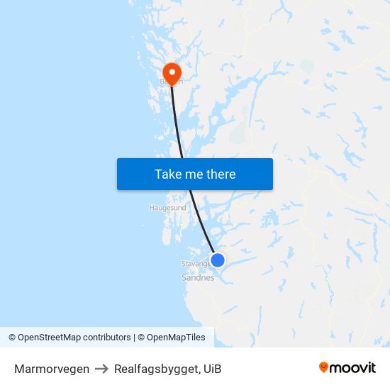 Marmorvegen to Realfagsbygget, UiB map