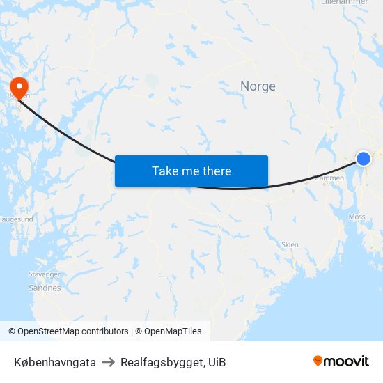 Københavngata to Realfagsbygget, UiB map