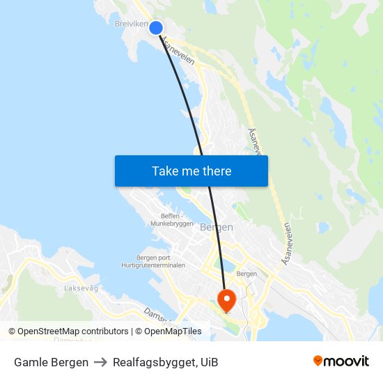 Gamle Bergen to Realfagsbygget, UiB map