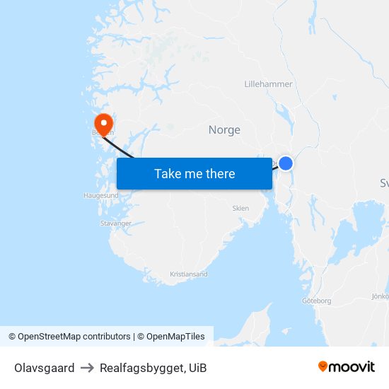 Olavsgaard to Realfagsbygget, UiB map